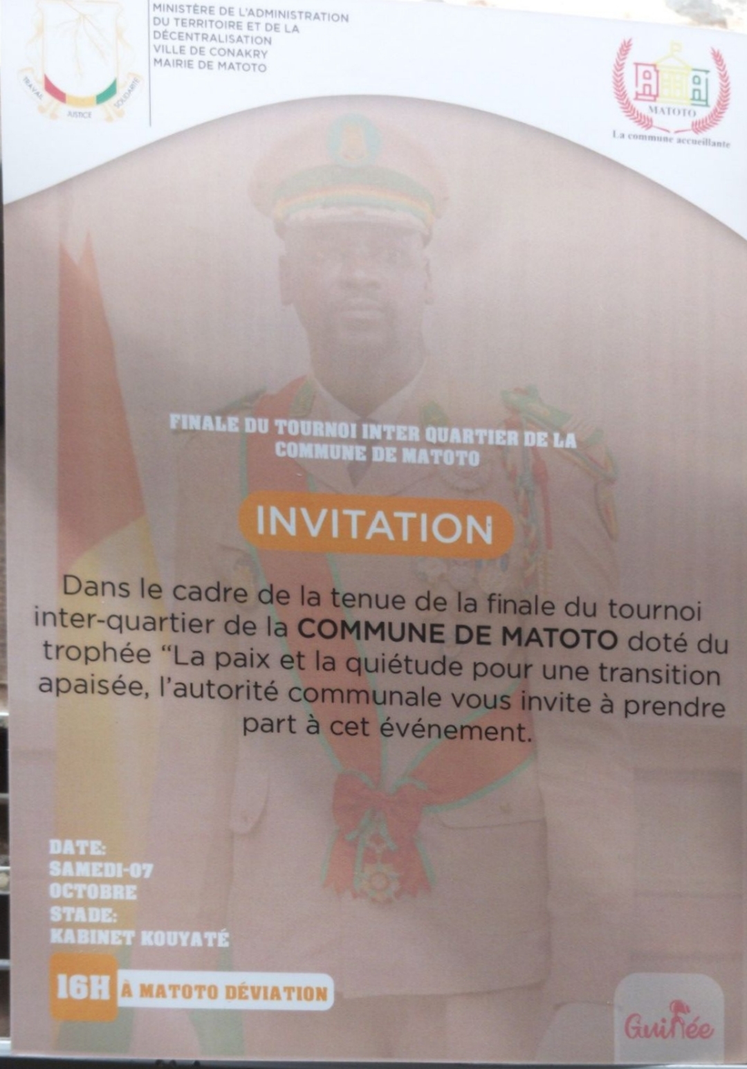 Football : La Commune de Matoto vous invite à la finale du tournoi inter-quartiers ce samedi 7 octobre 2023 à partir de 16h au stade Kabinet Kouyaté